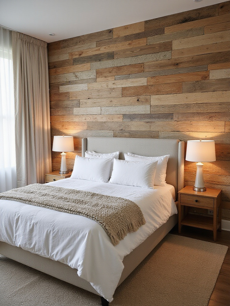 Rustic bedroom with reclaimed wood feature wall and natural light.