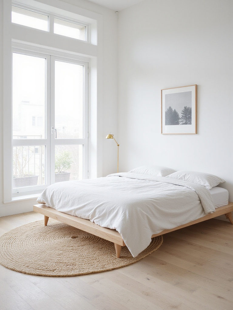 Minimalist bedroom with white linen bedding and natural light.