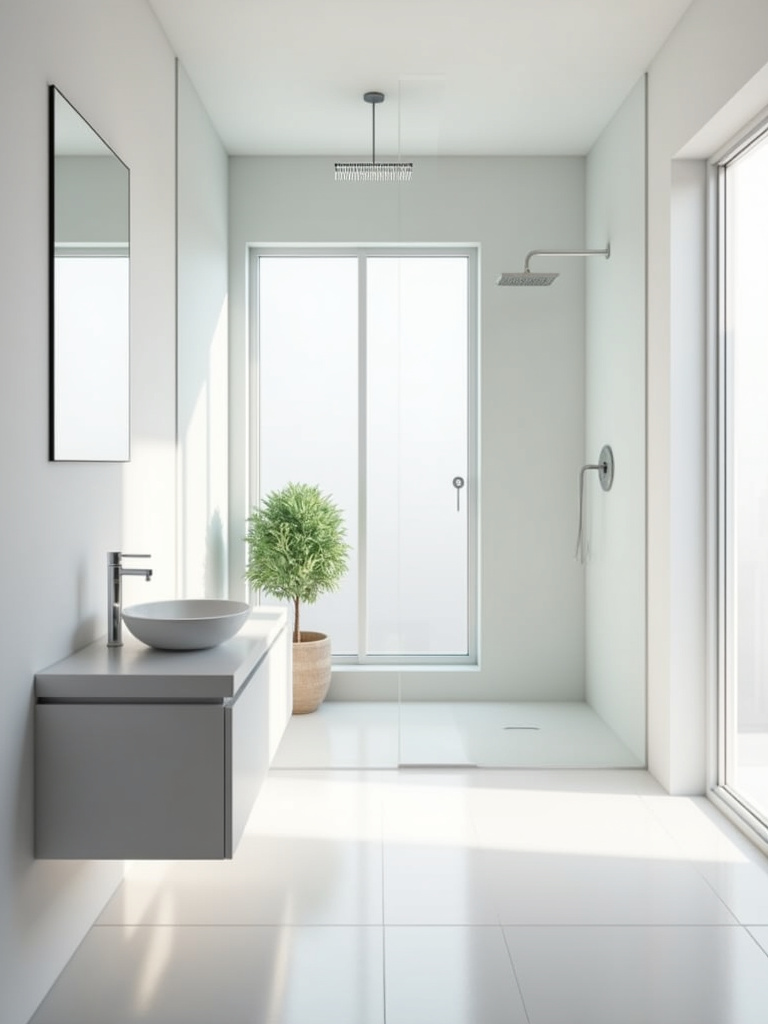 Minimalist bathroom design with white floating vanity, frameless glass shower, and natural light.
