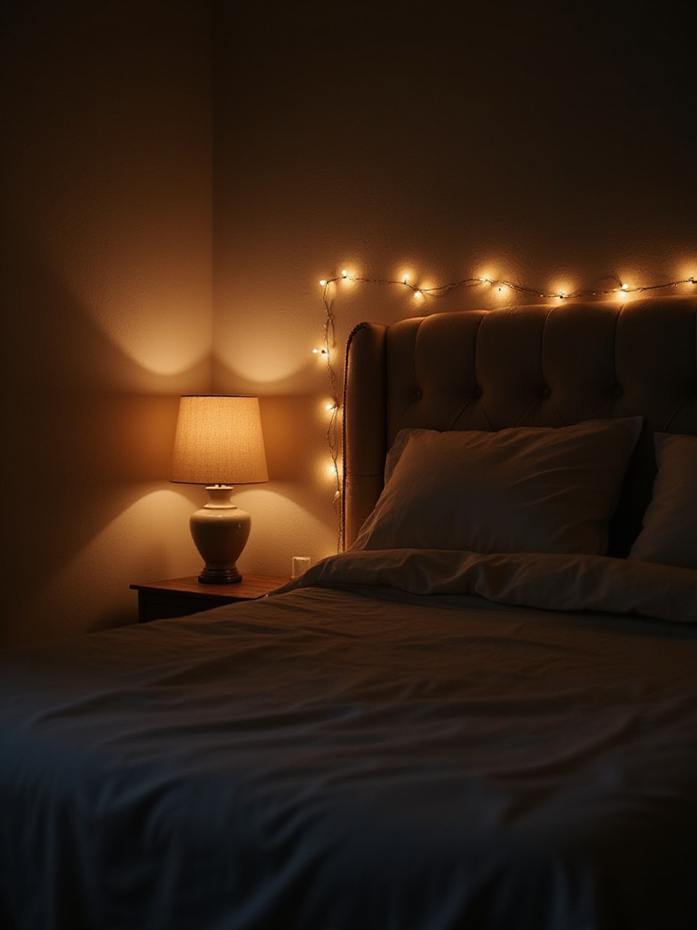Cozy bedroom with soft lighting from bedside lamp and fairy lights.