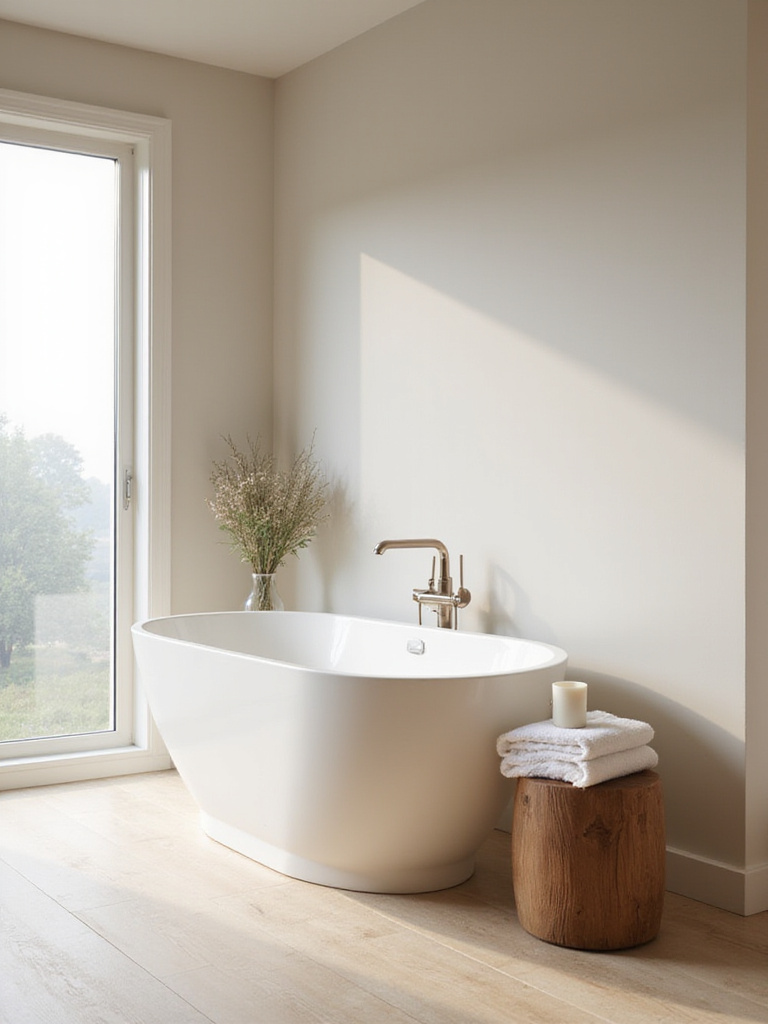 Spa-like bathroom interior design with calming neutral color palette featuring a freestanding tub.