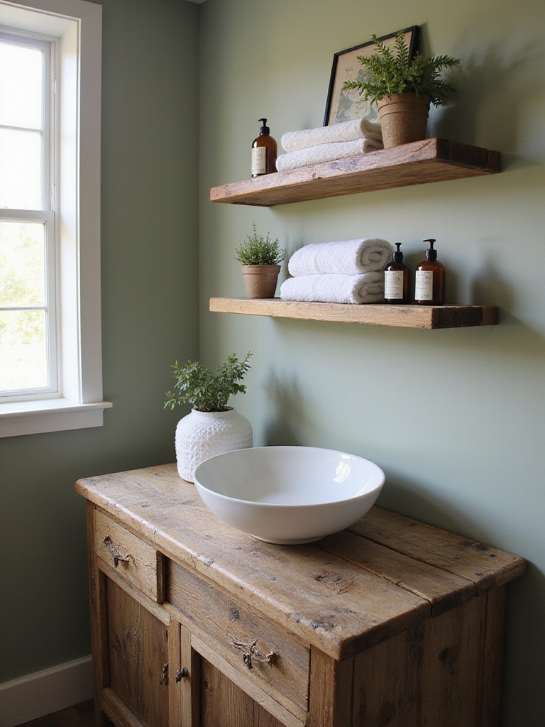 Reclaimed wood vanity and shelves in a serene bathroom.