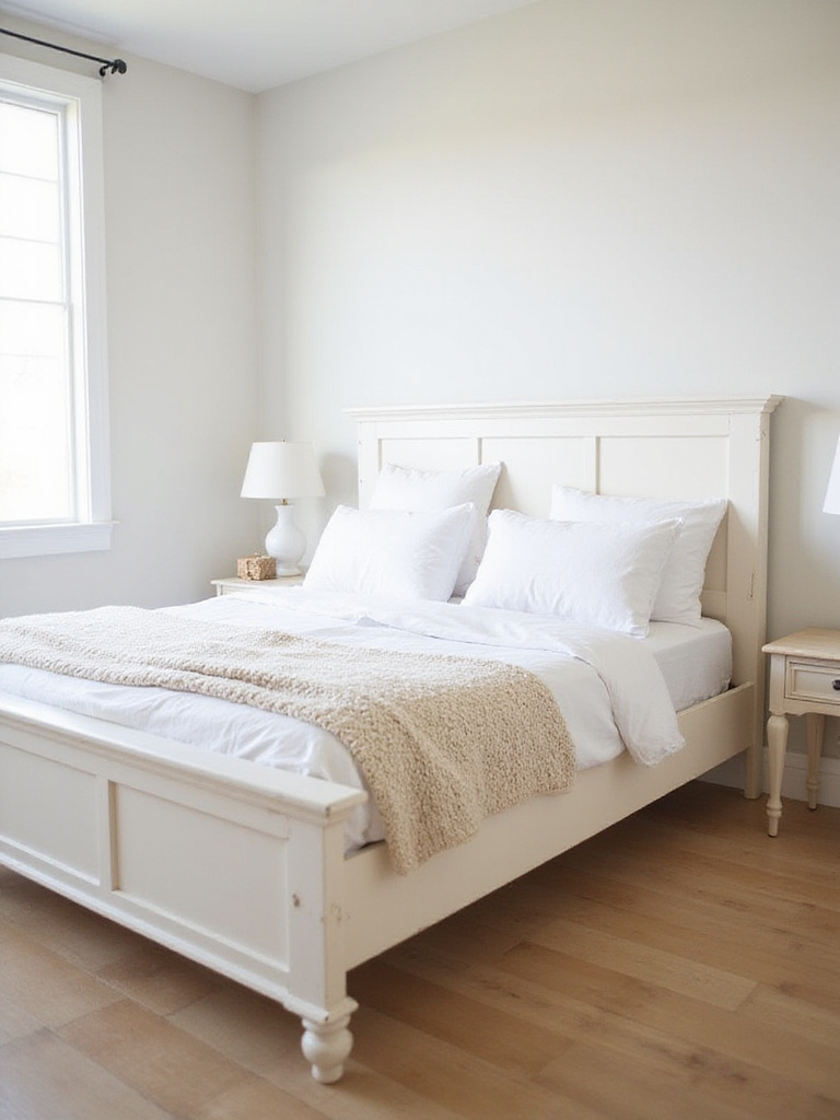 White bedroom with a crisp white bed frame, linen bedding, and natural light.