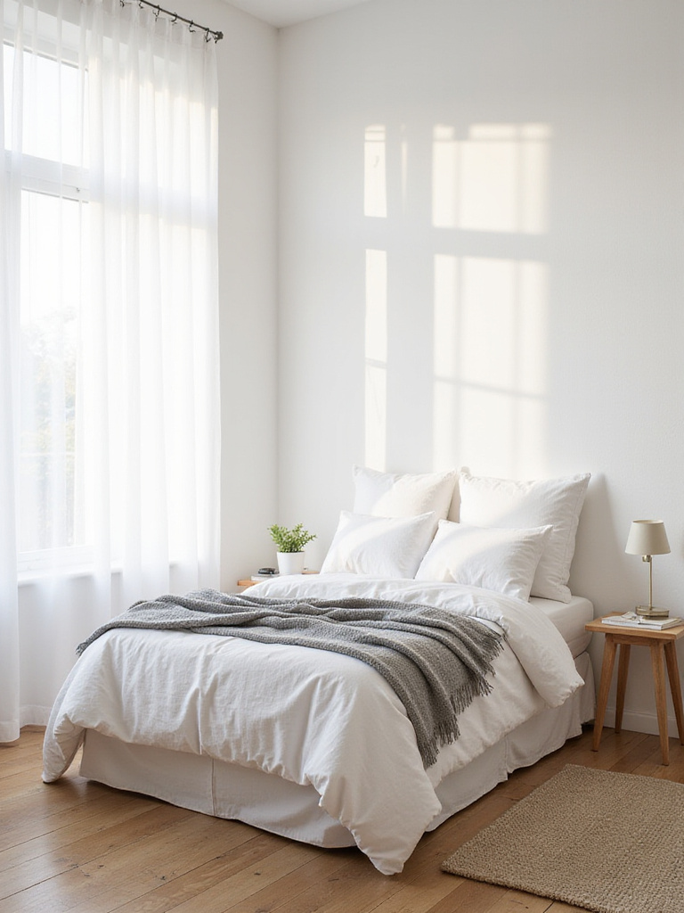 Minimalist bedroom design featuring a calming neutral color palette with white bedding, light gray accents, and natural light.