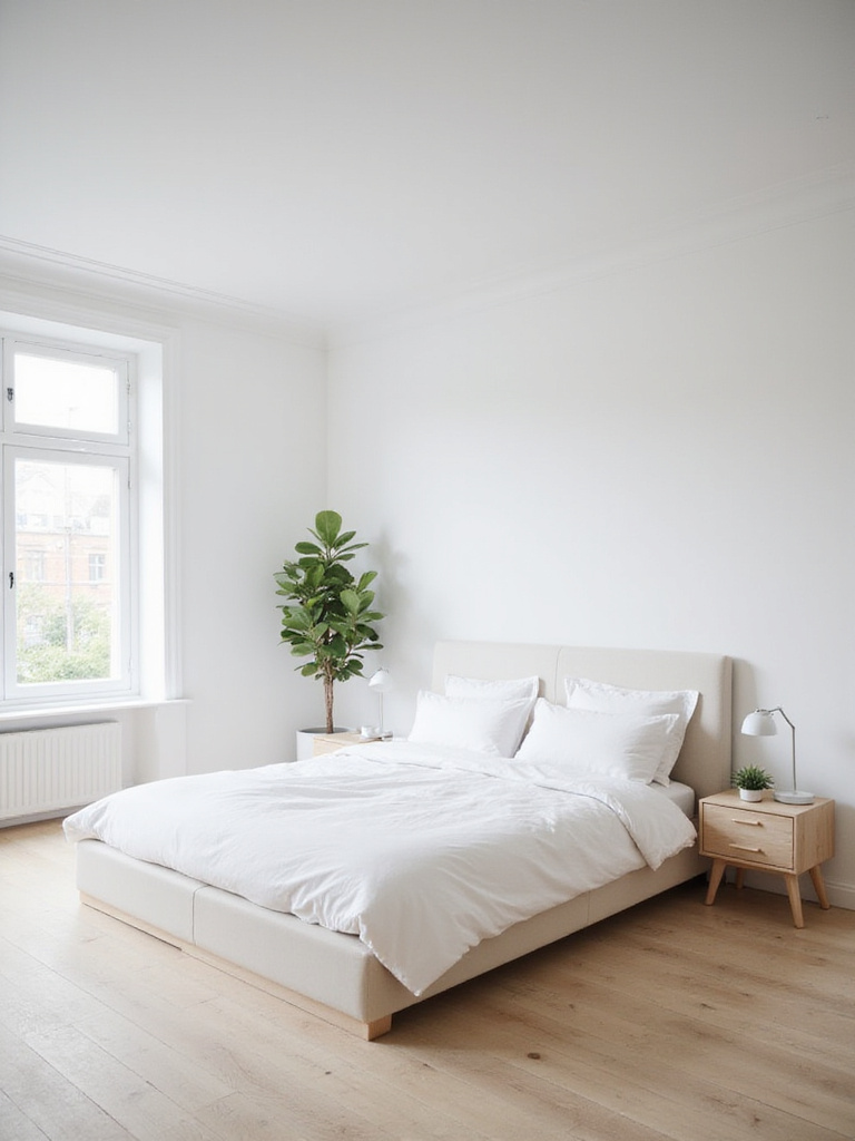 Minimalist bedroom with white linens, natural light, and simple furniture.