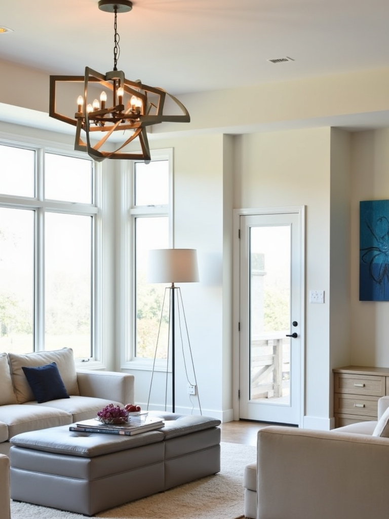 Modern living room with geometric chandelier and minimalist lighting