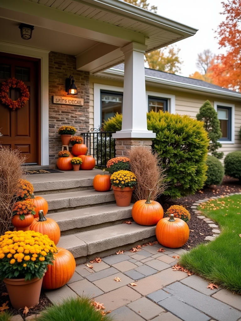 Festive fall front yard decor with pumpkins and mums boosting curb appeal