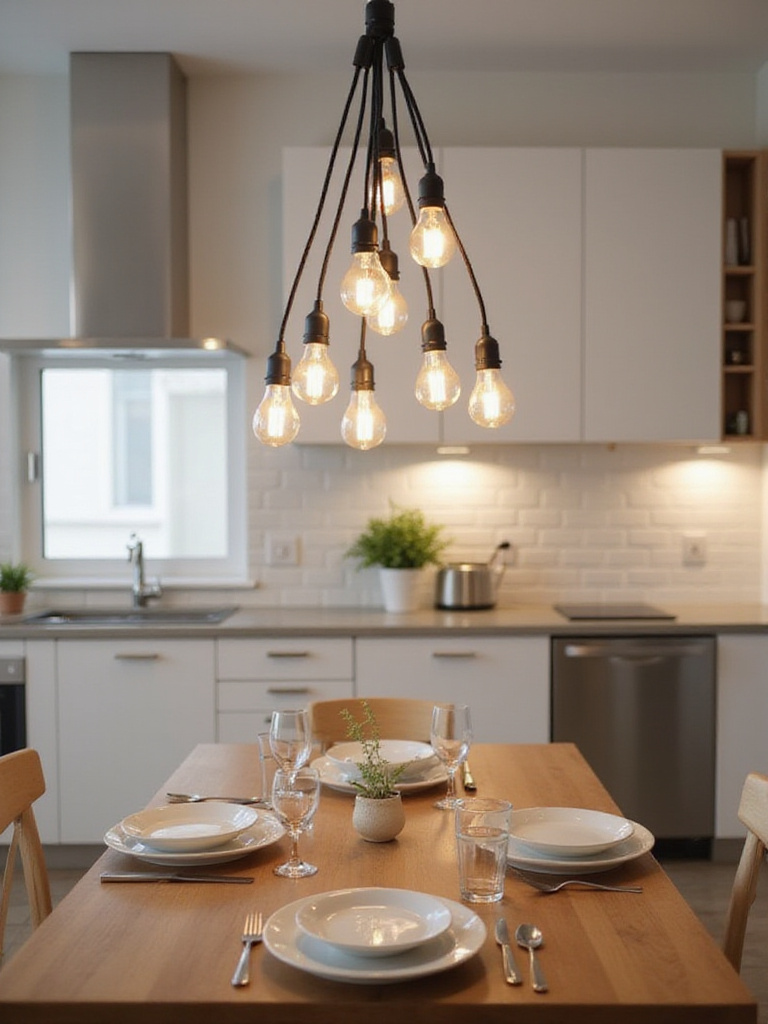 Energy-efficient LED pendant light illuminating a modern kitchen table.