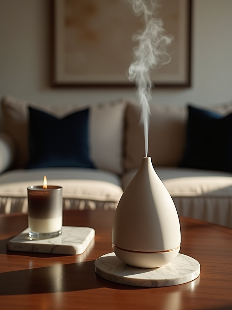 Luxurious living room featuring an essential oil diffuser and scented candle, creating a refined atmosphere through aromatherapy.