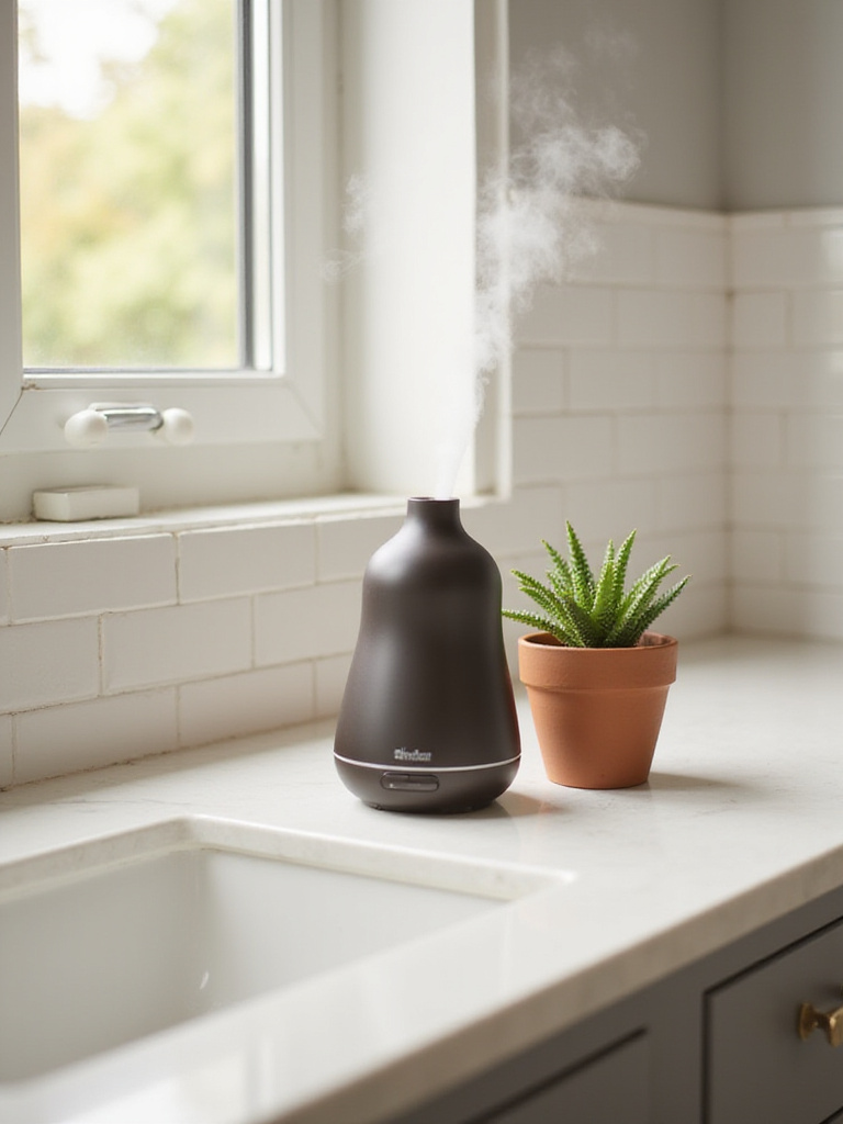 Aromatherapy diffuser and succulent on a bathroom vanity for a relaxing spa atmosphere.