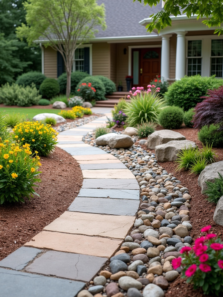 Front yard decor featuring decorative stones and pebbles enhancing texture and curb appeal.