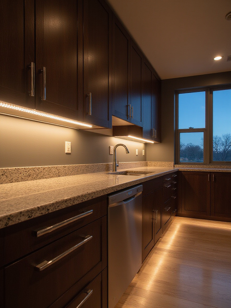 Modern kitchen with under-cabinet LED lighting illuminating granite countertops.