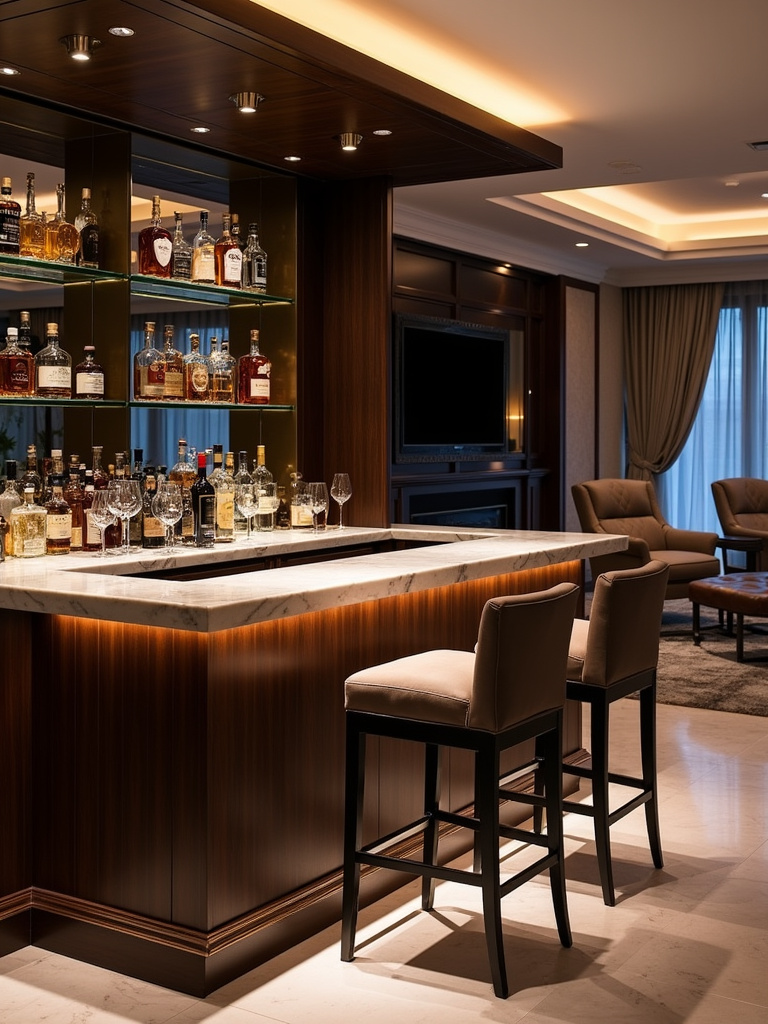 Luxurious living room with a dedicated bar area featuring dark wood, marble, brass accents, and elegant glassware.