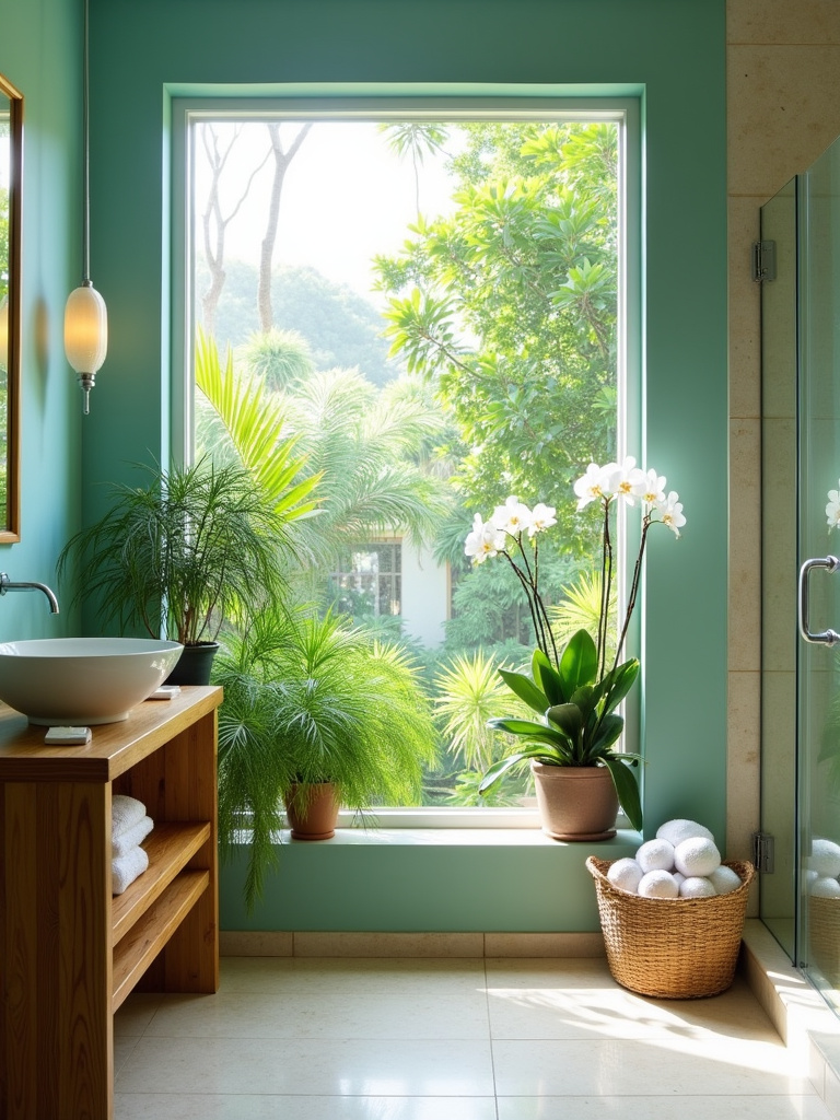 Tropical bathroom design with bamboo vanity, rain shower, and lush greenery