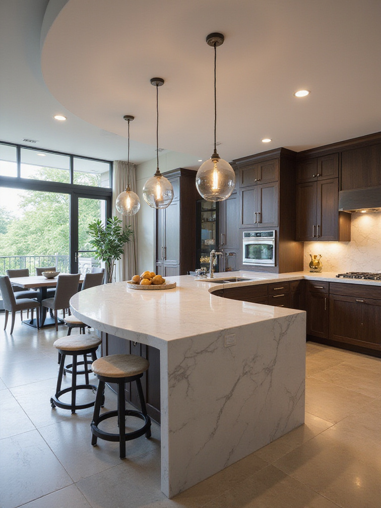 Modern kitchen with a large, curved island featuring white marble countertops and dark wood cabinets.