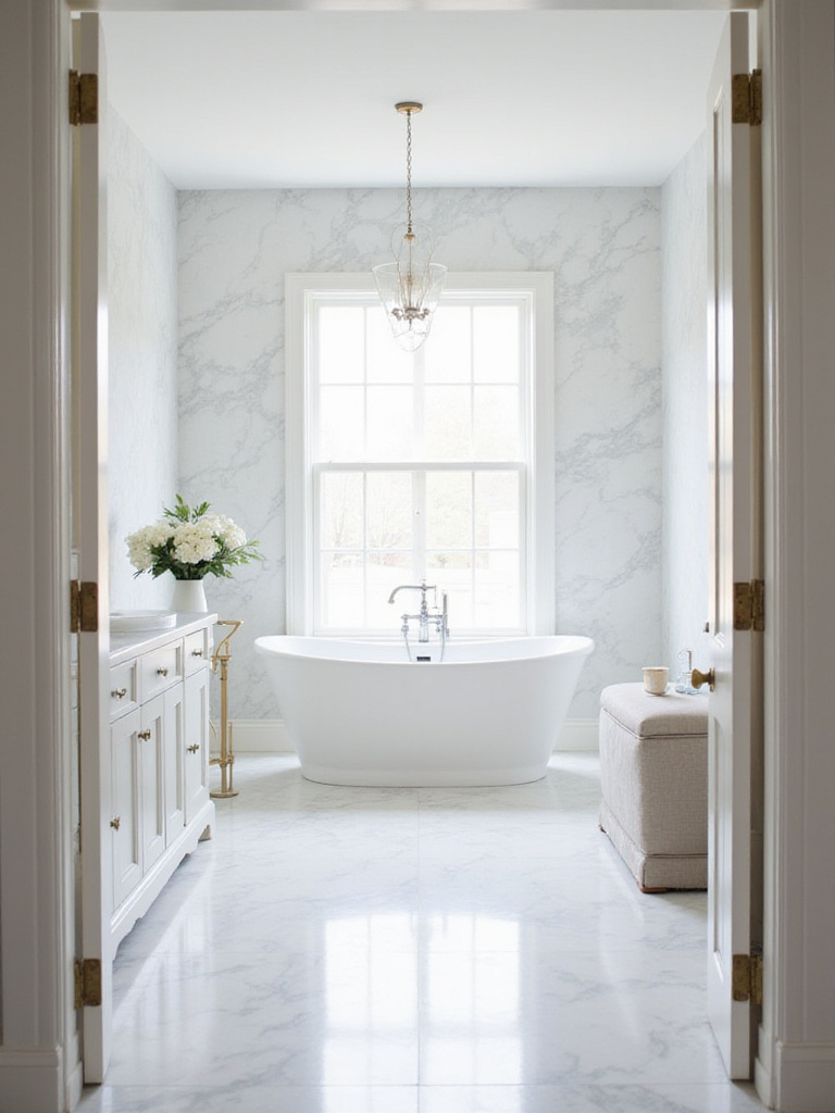 Luxurious bathroom with white marble walls and freestanding tub