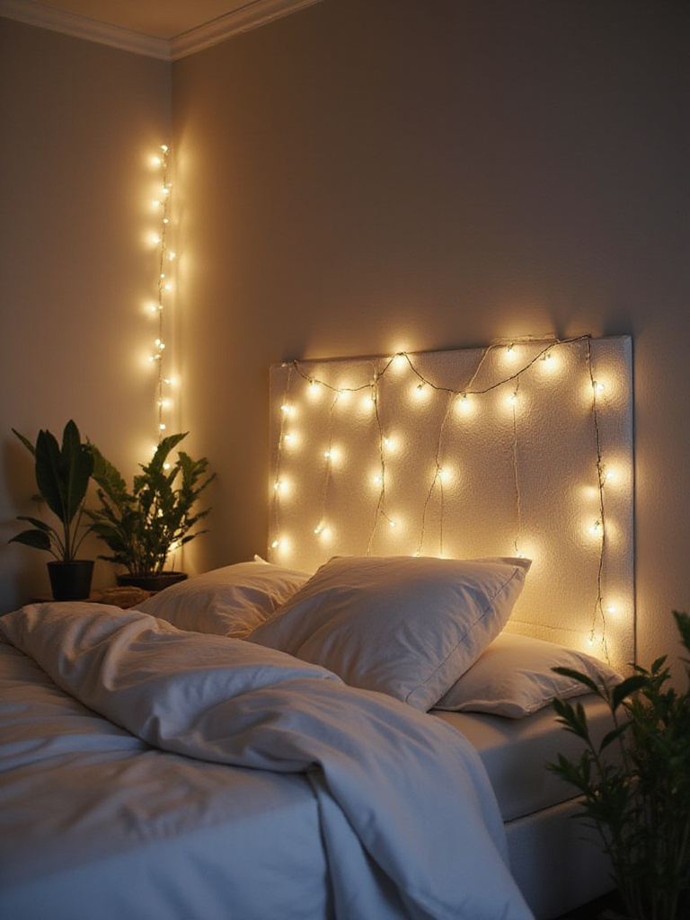 Bedroom with fairy lights draped on headboard creating a dreamy ambiance