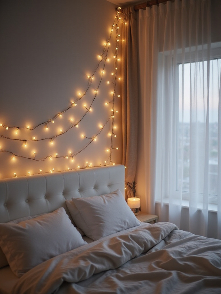 Bedroom with fairy lights draped across headboard and sheer curtains, creating a magical and relaxing atmosphere.
