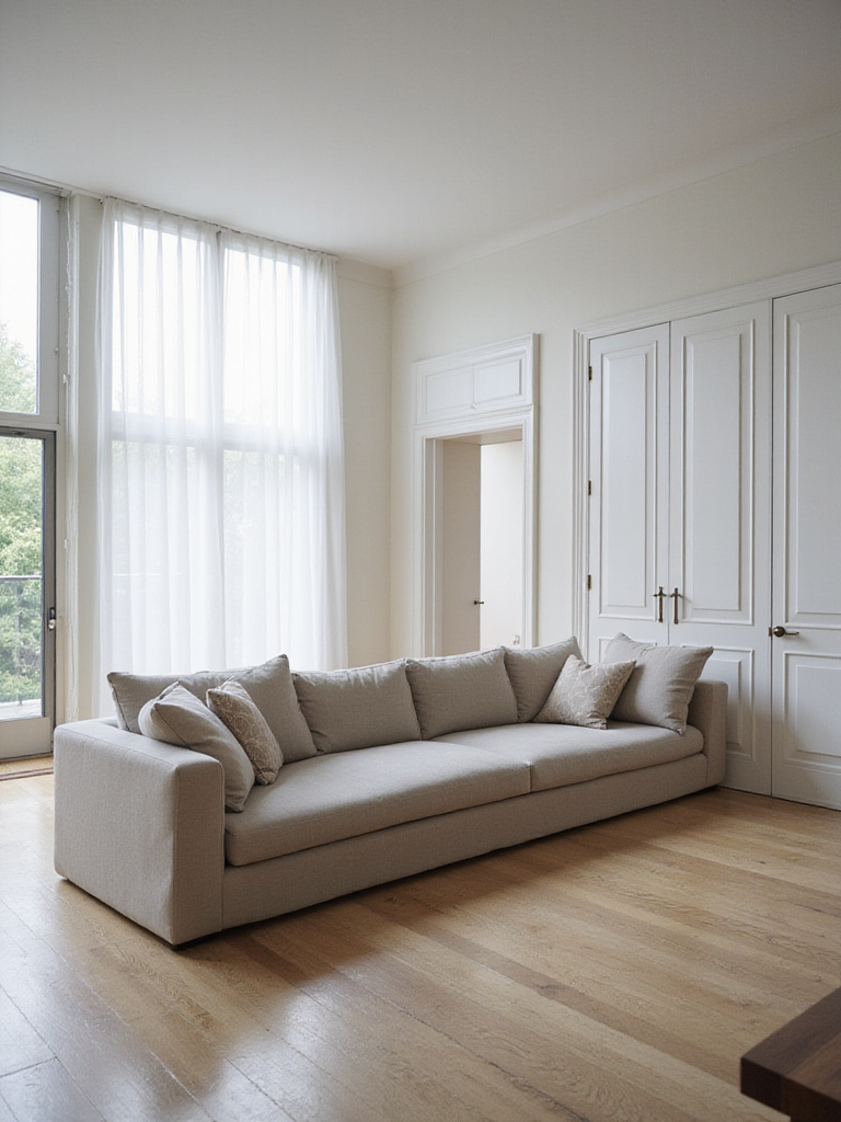 Oversized couch blocking doorway in modern living room.