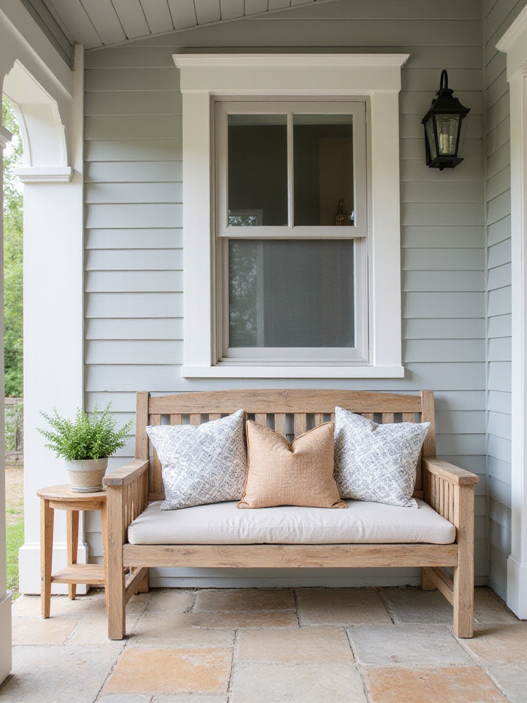 Rustic farmhouse front porch with wooden bench, cushions, and potted plant.