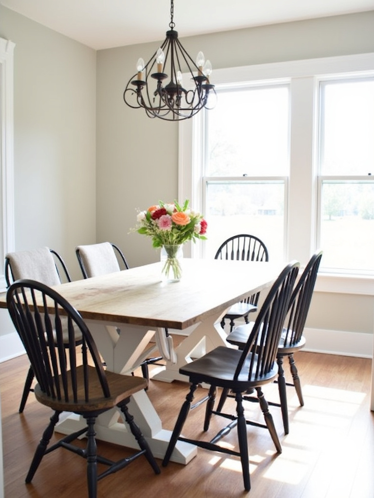 Modern farmhouse dining table with reclaimed wood top and white trestle base surrounded by mismatched chairs.
