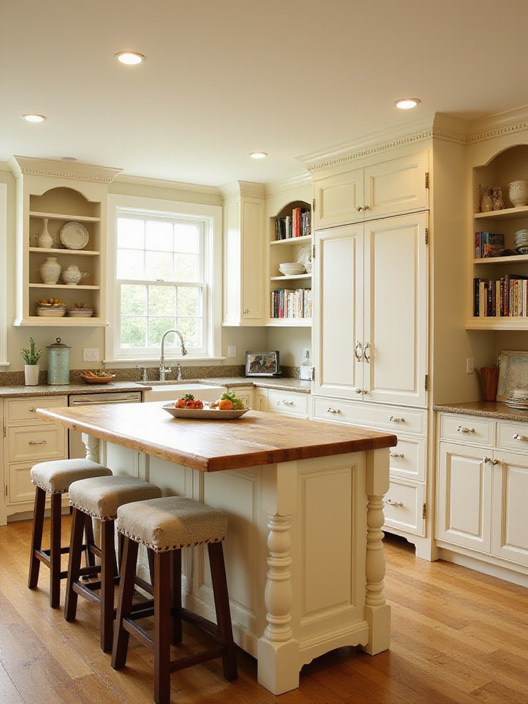 Traditional kitchen featuring a furniture-style island with butcher block countertop and seating.