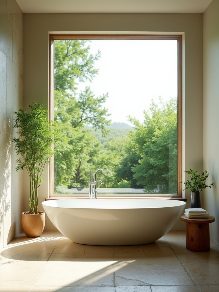 Zen bathroom with natural stone, bamboo plant, and soaking tub overlooking a garden.