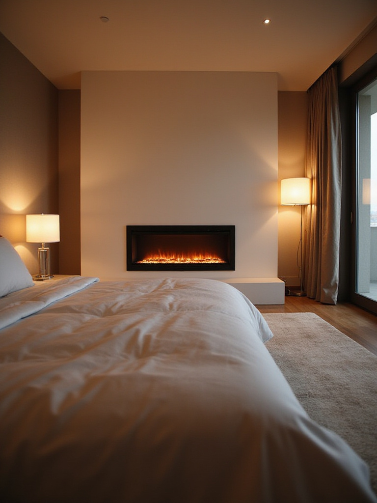 Modern bedroom with electric fireplace, creating a cozy and relaxing ambiance