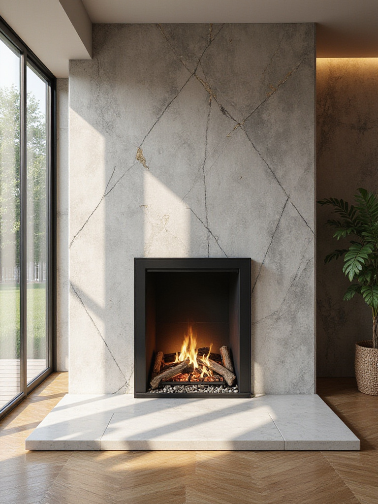 Living room with a fireplace accent wall featuring geometric wallpaper.