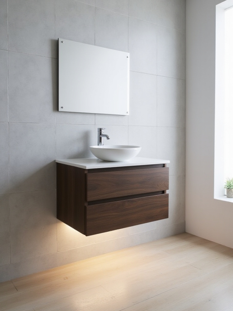 Wall-mounted vanity with open floor space in a modern bathroom.