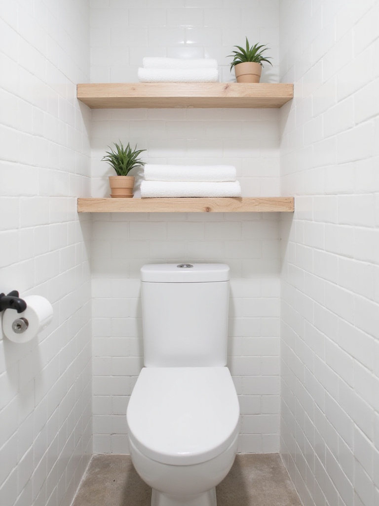 Small bathroom with light wood floating shelves above a wall-mounted toilet, holding towels and succulents.