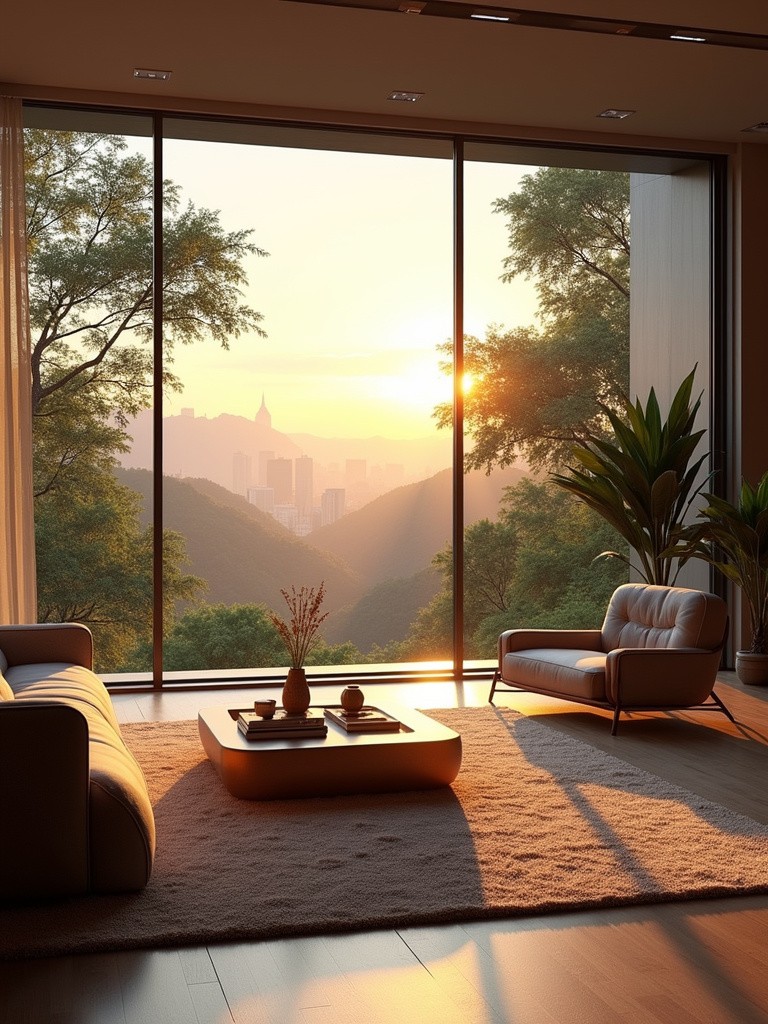 Luxurious living room with floor-to-ceiling windows offering stunning views and abundant natural light.