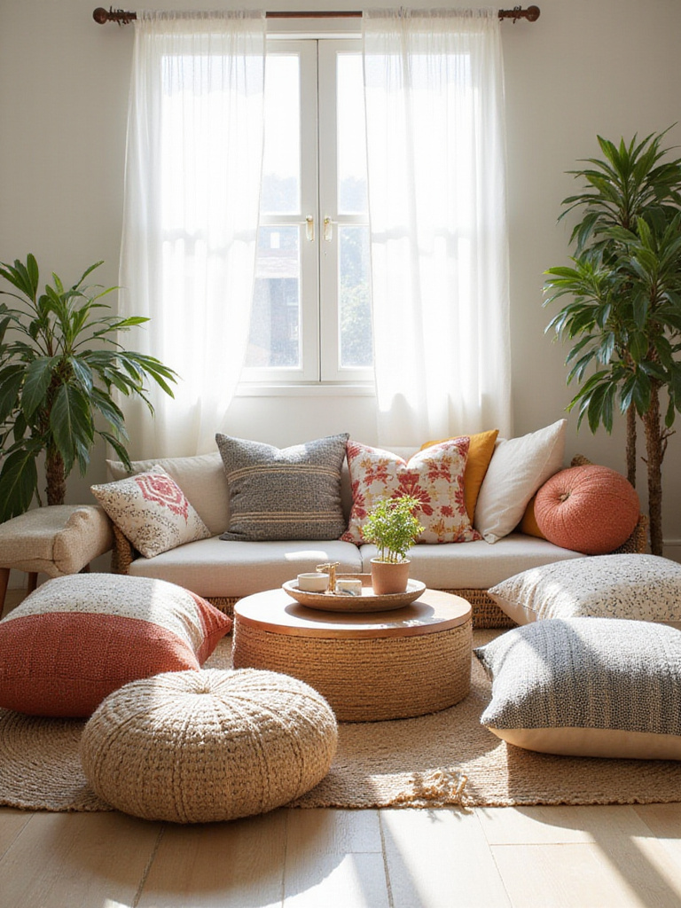 Boho bedroom with floor cushions and poufs for comfortable lounging.