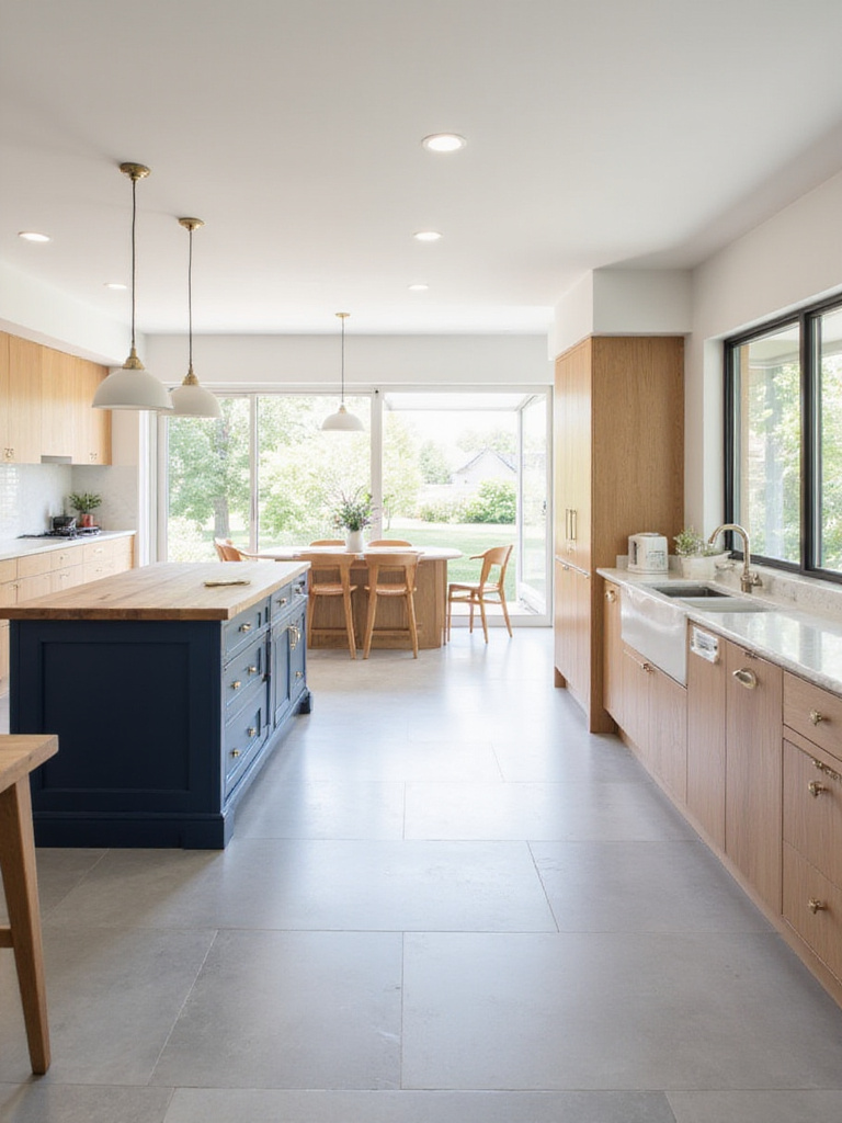 Modern kitchen with light gray porcelain tile flooring, light wood cabinets, and blue island.