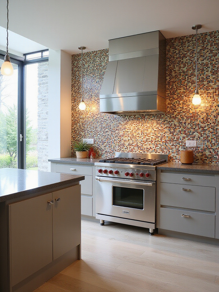 Modern kitchen with a colorful mosaic tile backsplash as a focal point.