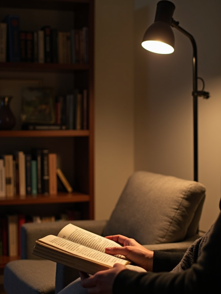 Living room reading nook with adjustable floor lamp providing focused task lighting.