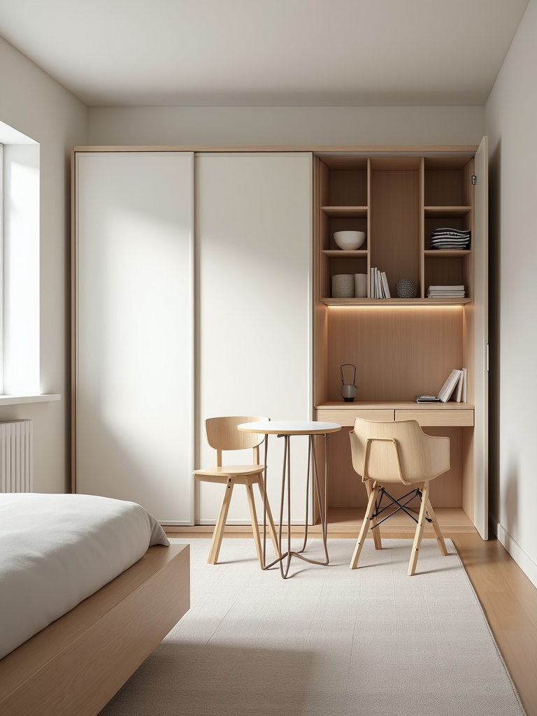 Small bedroom design featuring a Murphy bed and foldable furniture to maximize space.