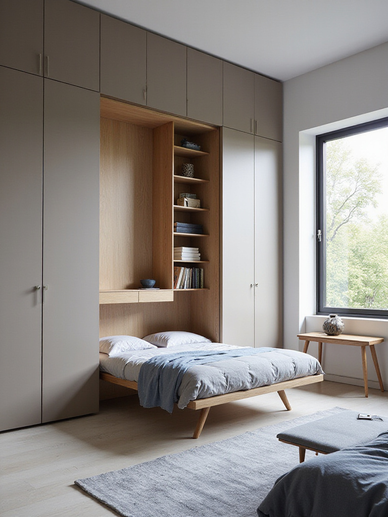 Modern bedroom with Murphy bed and foldable desk, maximizing space.