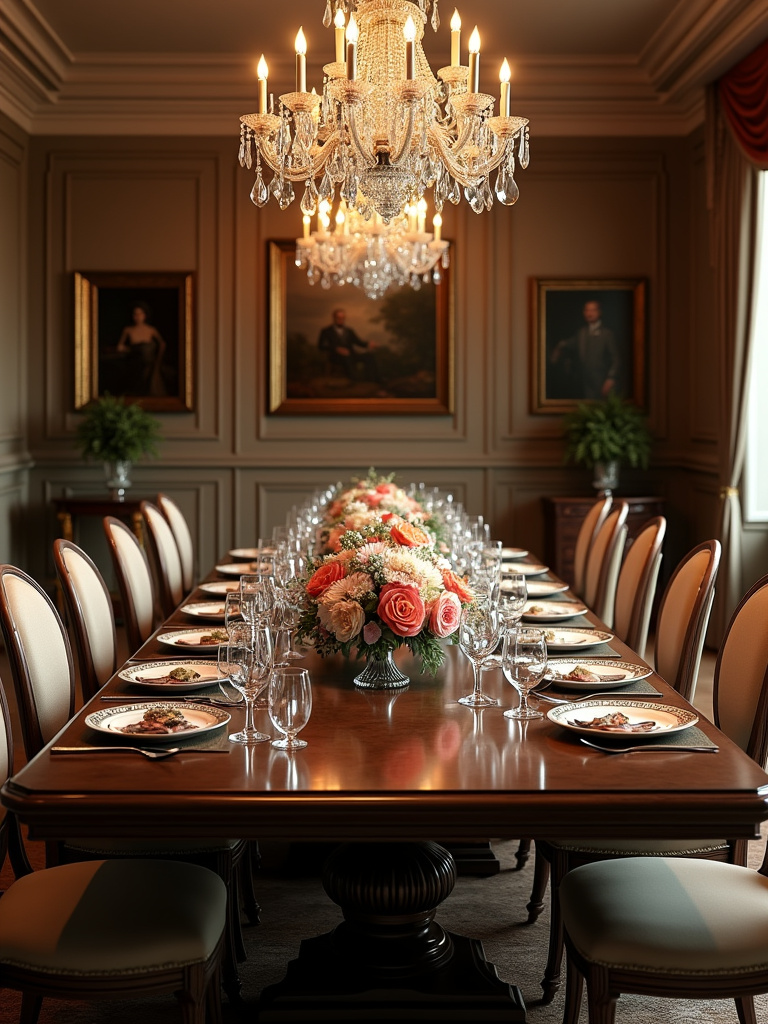 Formal dining room with a rectangular dining table set for an elegant dinner.