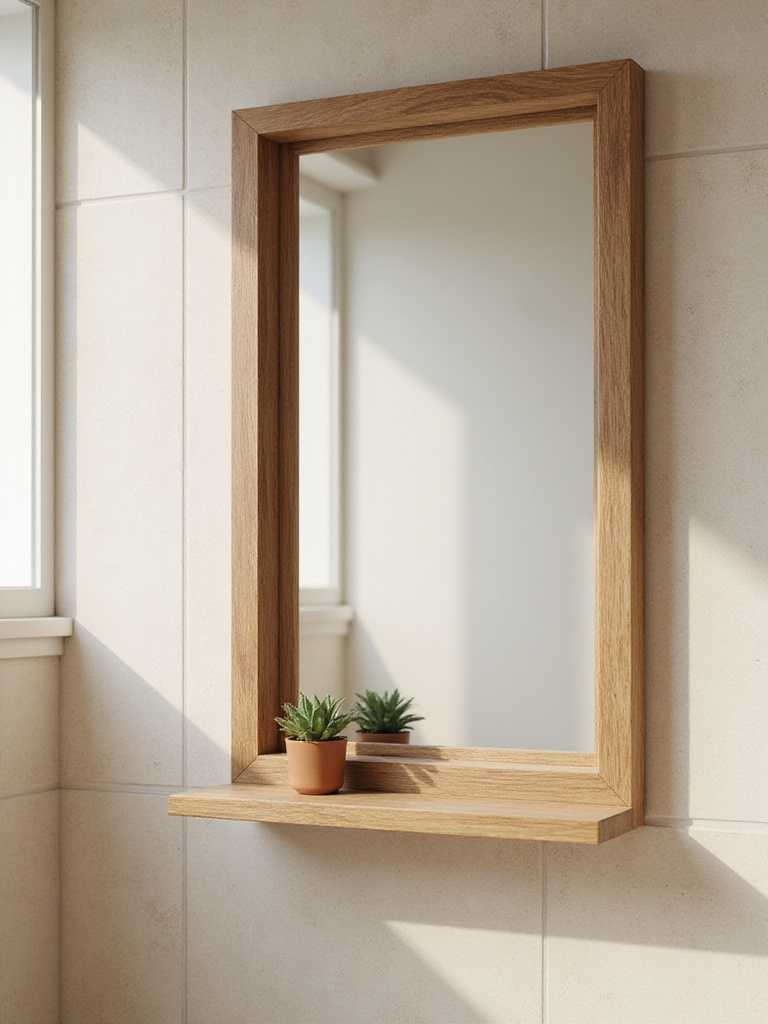 Bathroom mirror with natural wood frame and small succulent shelf.
