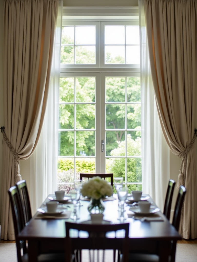 Elegant dining room featuring flowing linen drapes framing a picturesque garden view.