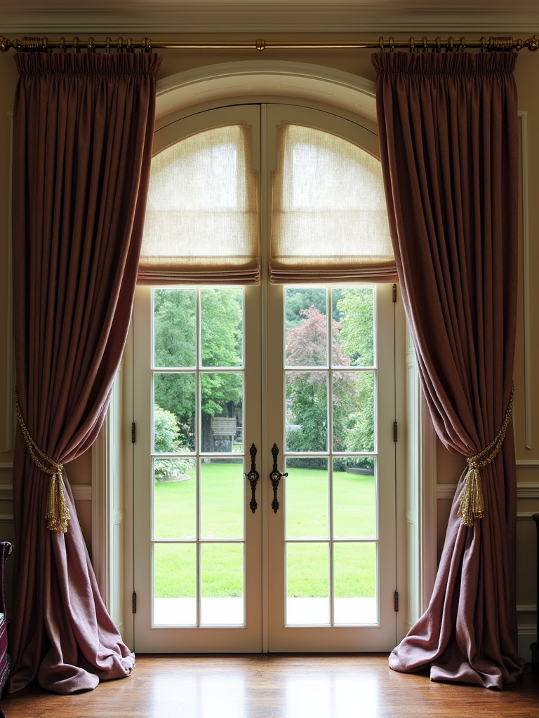 Luxurious living room featuring floor-to-ceiling windows with velvet drapes and sheer shades.