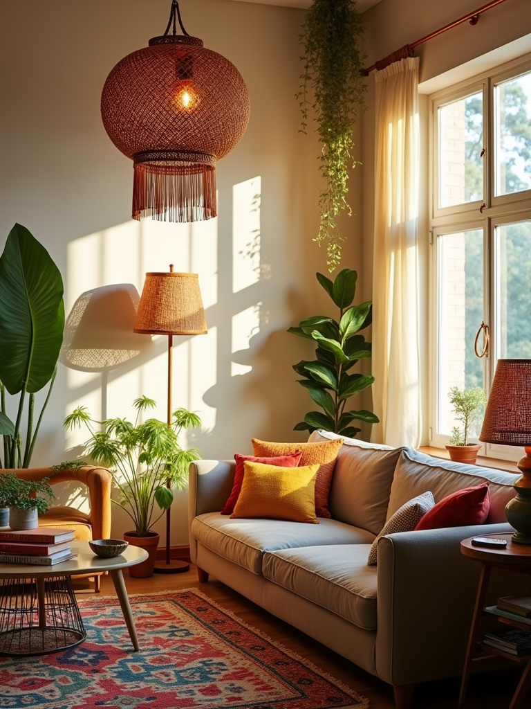 Bohemian living room with macrame pendant light and layered lighting