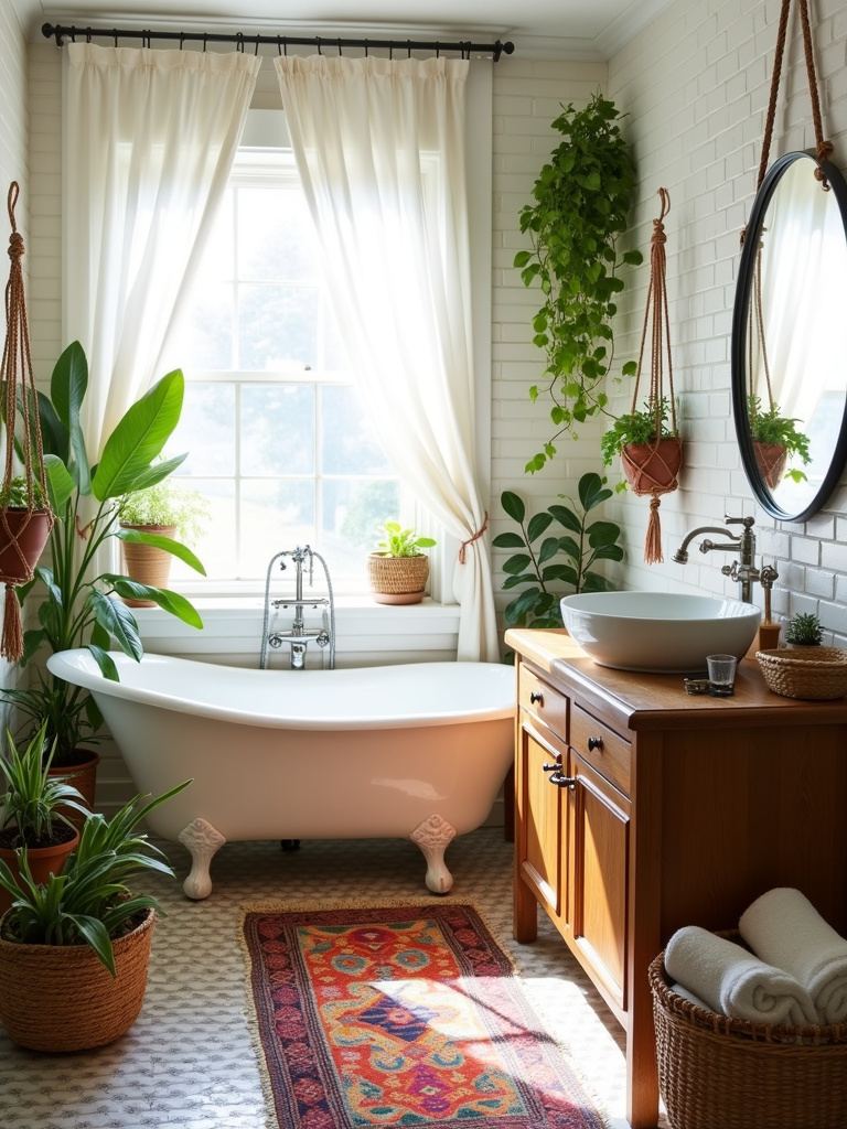 Bohemian bathroom decor with plants, vintage rug, and clawfoot tub