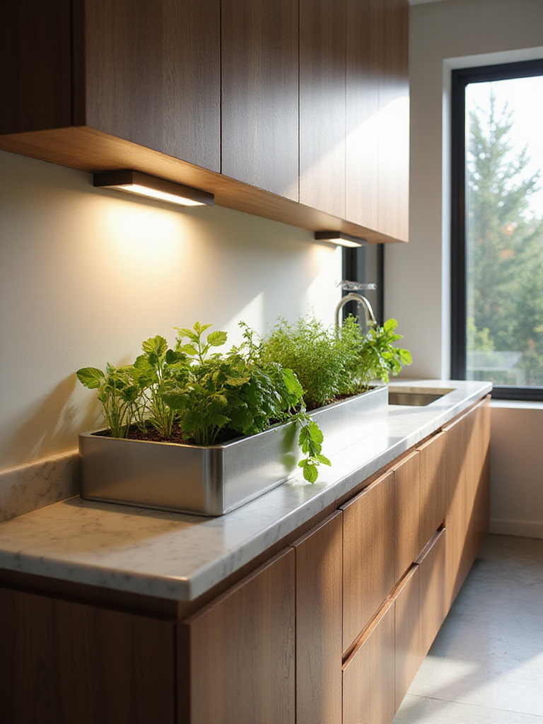 Modern luxury kitchen with integrated indoor herb garden on countertop