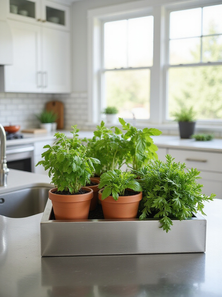 Contemporary kitchen with fresh herb garden on countertop