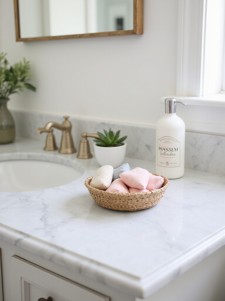 Pastel scented sachets in a woven basket on a marble bathroom vanity