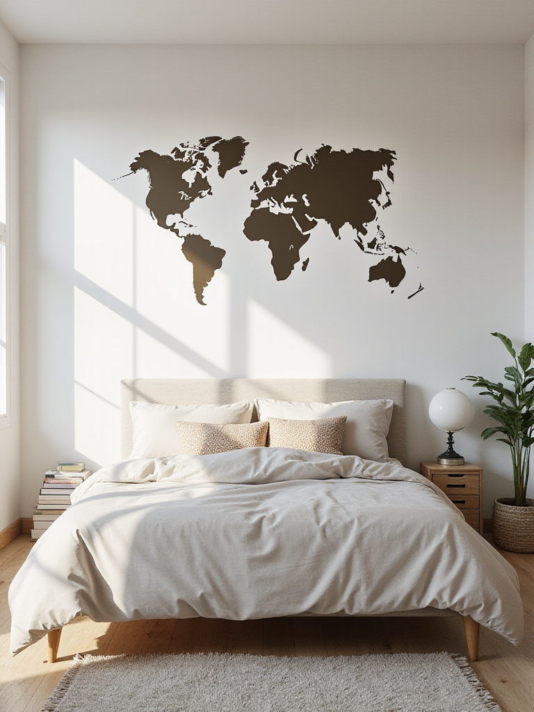 Modern bedroom with minimalist world map wall art above the bed.