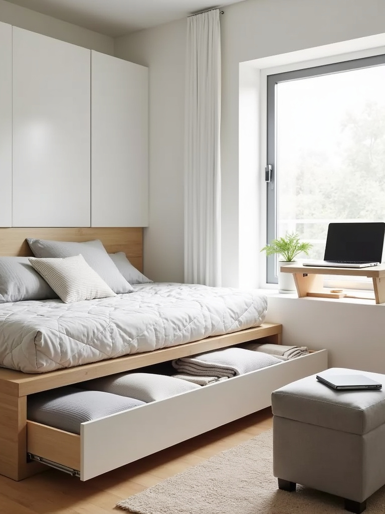 Small bedroom design featuring a storage bed, folding desk, and storage ottoman to maximize space.