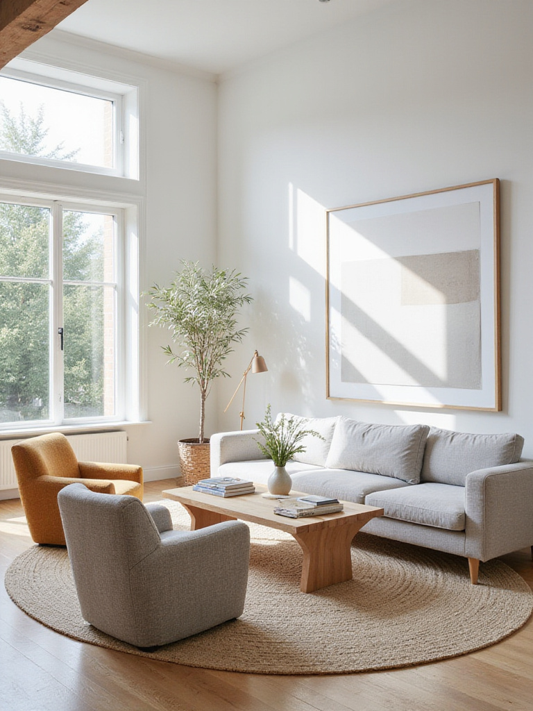 Modern living room featuring a gray sectional sofa, complementary armchairs, a coffee table, and a rug.